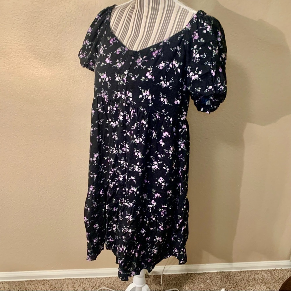 Wild Fable Boho Dress Medium Black Floral Purple Green Flowy Puff Sleeves - Picture 6 of 16